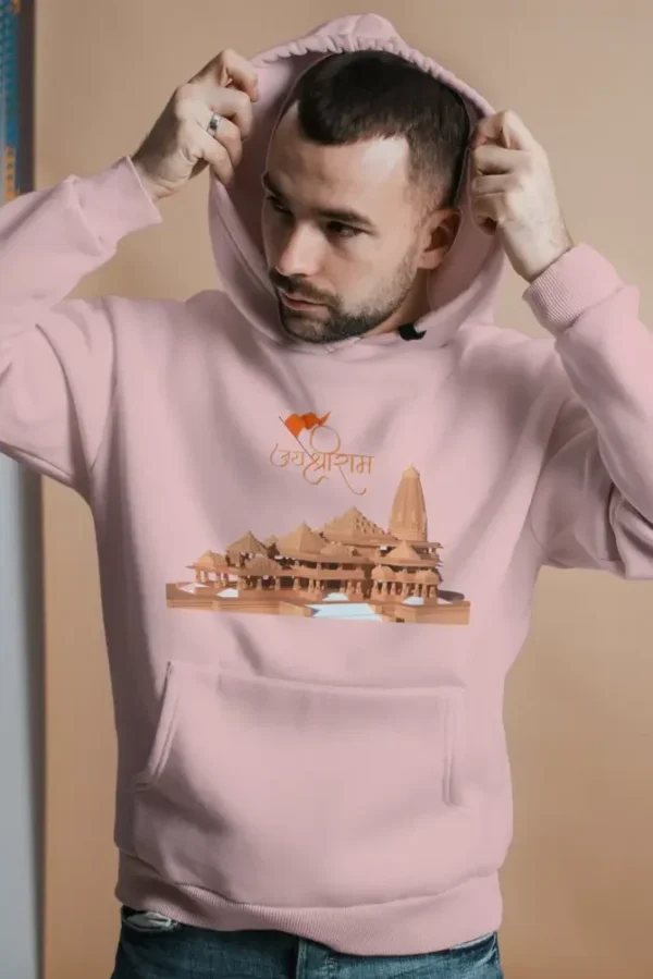 Jai Shree Ram Unisex Hooded Sweatshirt – Light Baby Pink - Image 2